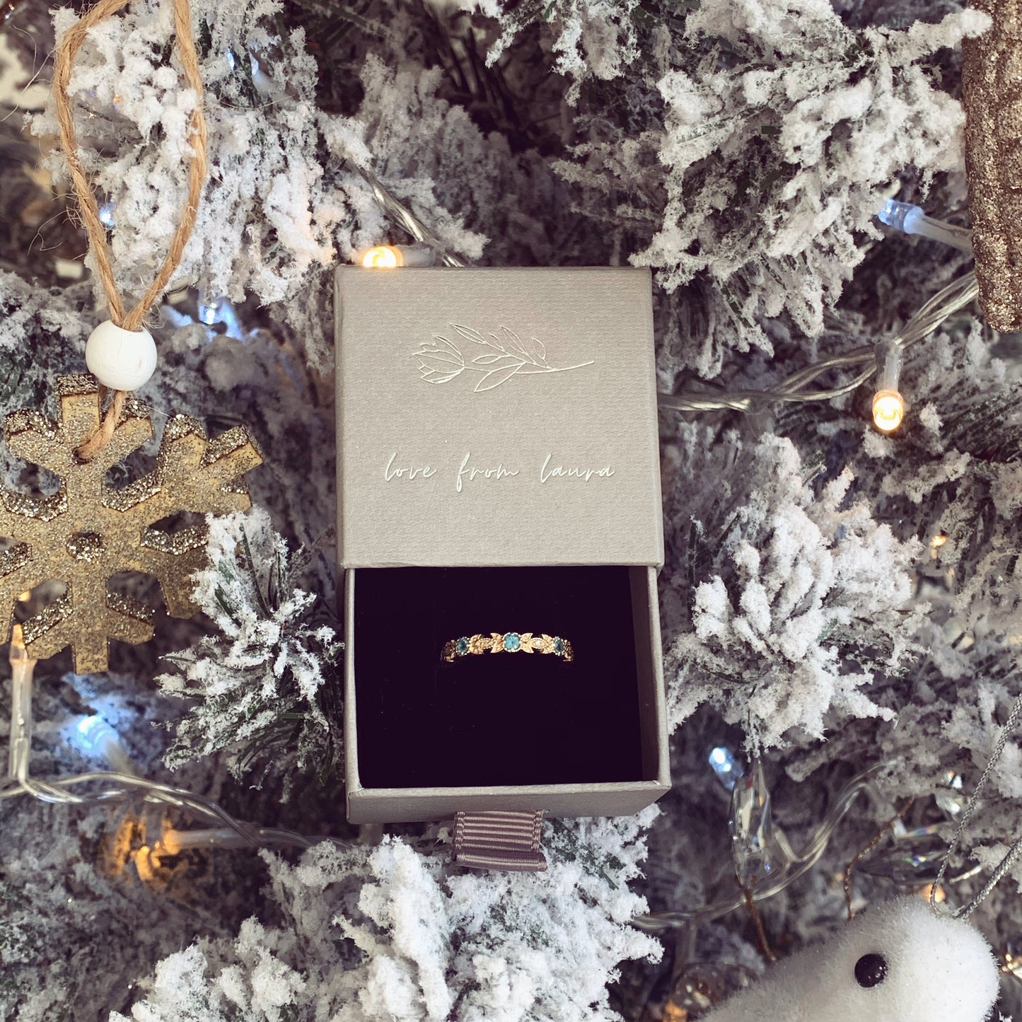 Band of Leaves 9ct solid gold diamond & blue topaz wraparound ring - Love From Laura.